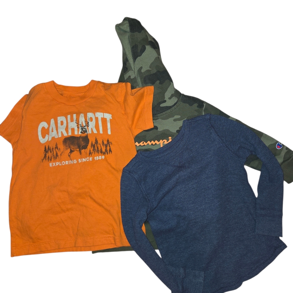 Carhartt And Champion 3 Piece Boy Bundle Blue, Orange, Camo Size 3T